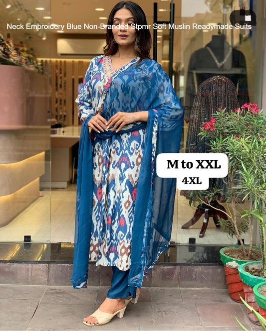 Neck Embroidery Blue Non-Branded Stpmr Soft Muslin Readymade Suits