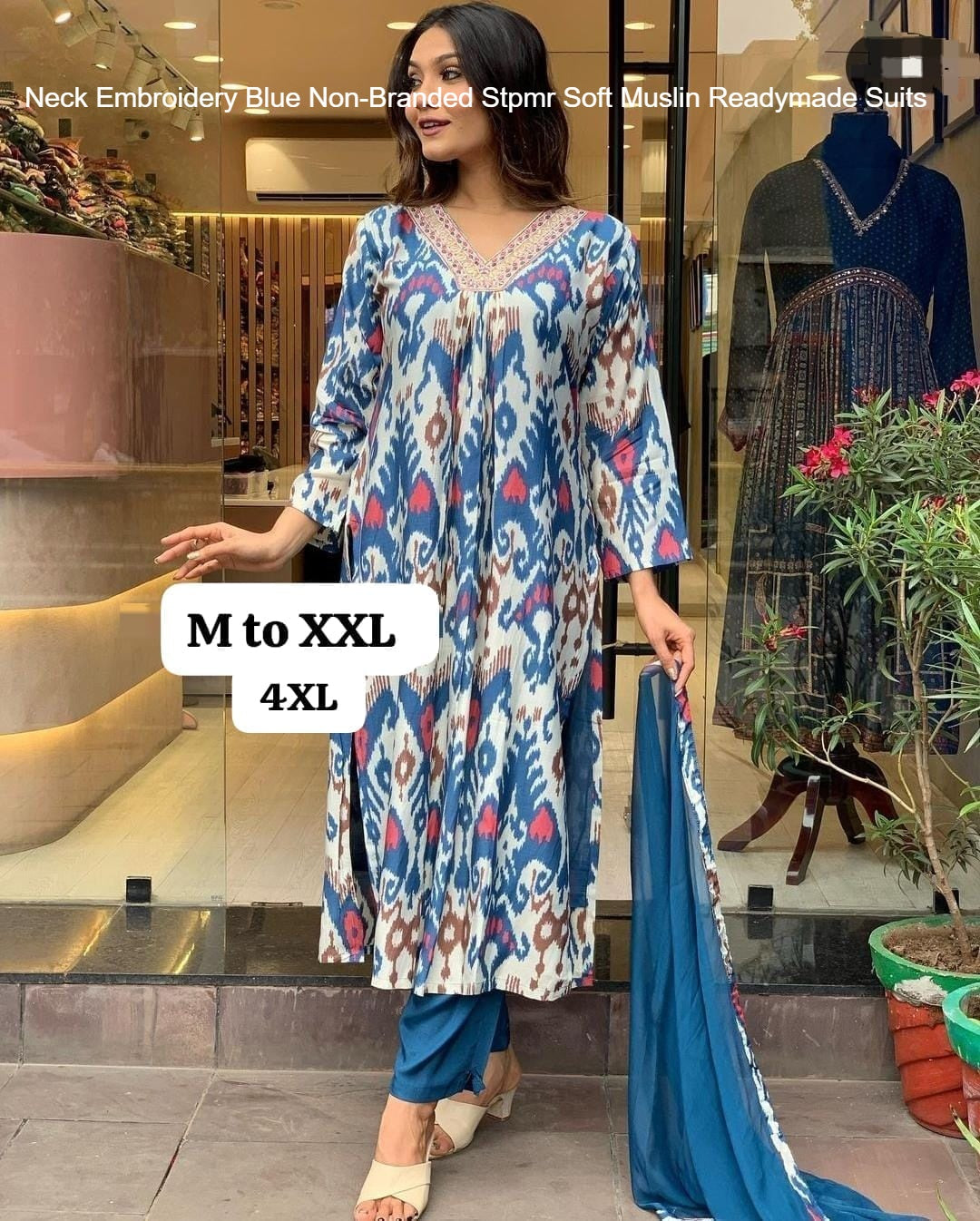 Neck Embroidery Blue Non-Branded Stpmr Soft Muslin Readymade Suits