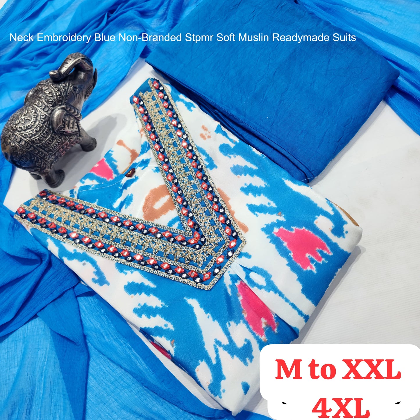 Neck Embroidery Blue Non-Branded Stpmr Soft Muslin Readymade Suits