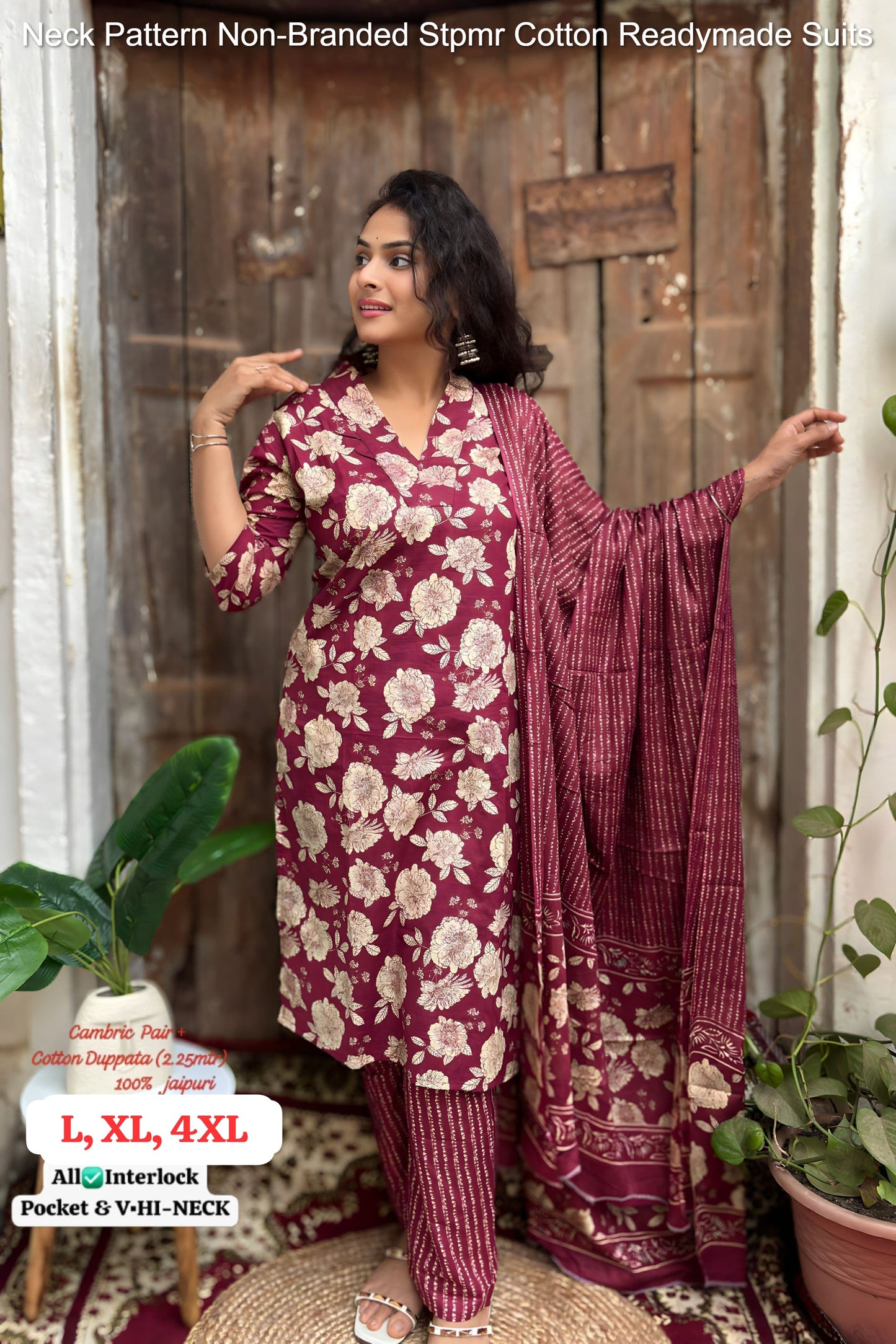 Neck Pattern Non-Branded Stpmr Cotton Readymade Suits