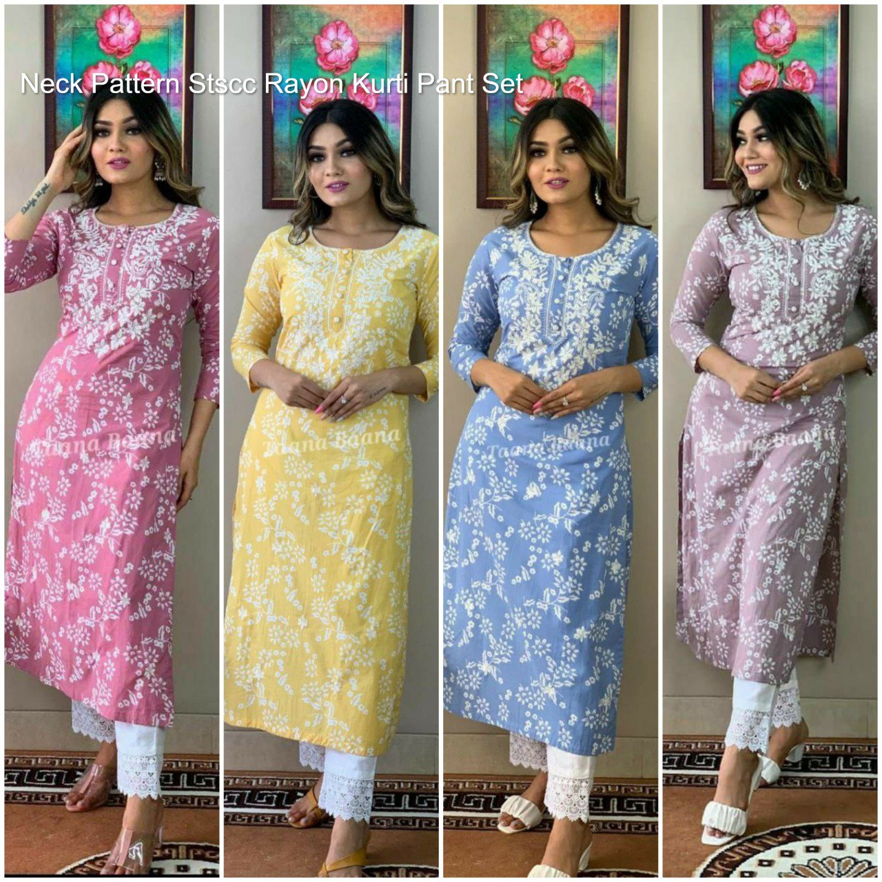 Neck Pattern Stscc Rayon Kurti Pant Set