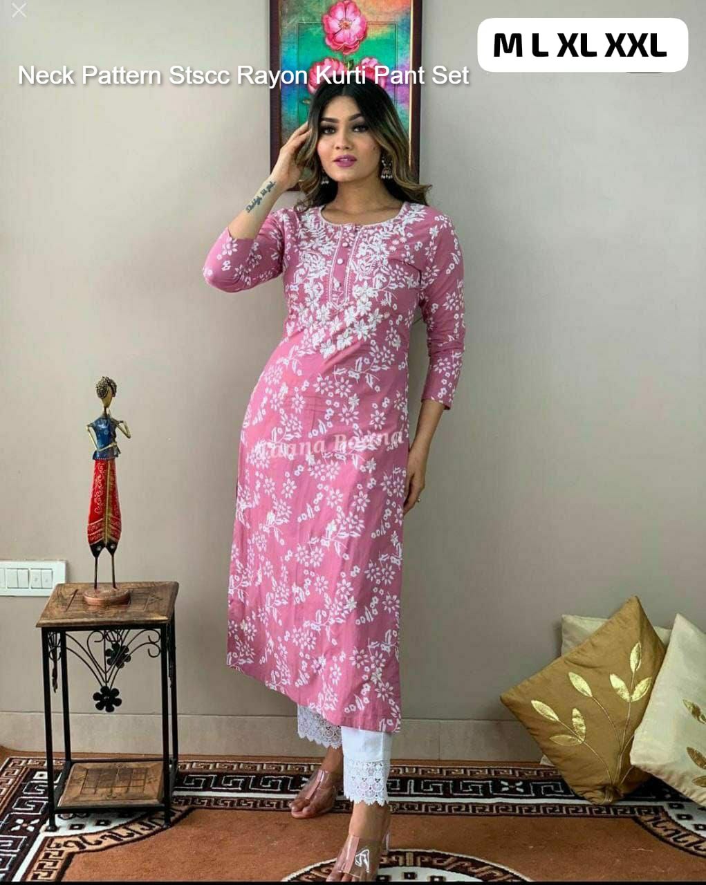 Neck Pattern Stscc Rayon Kurti Pant Set