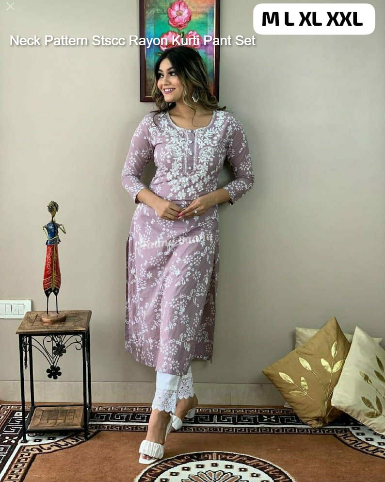 Neck Pattern Stscc Rayon Kurti Pant Set