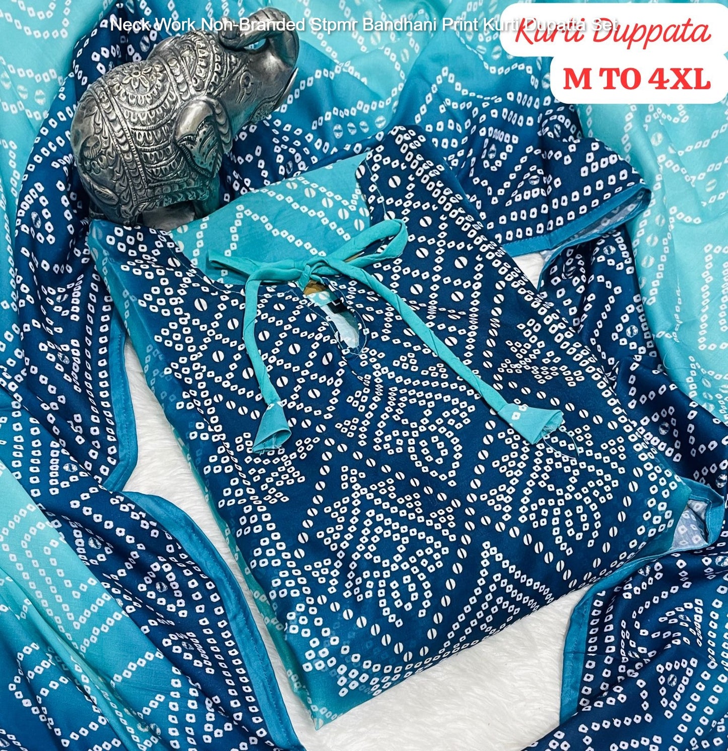 Neck Work Non-Branded Stpmr Bandhani Print Kurti Dupatta Set