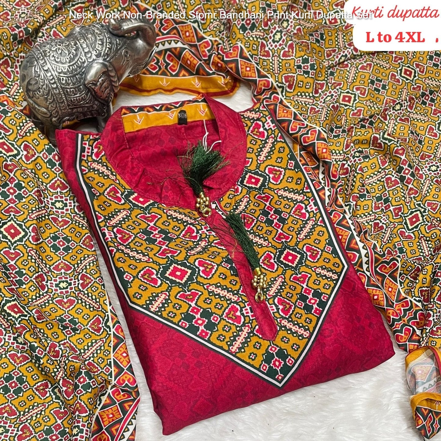 Neck Work Non-Branded Stpmr Bandhani Print Kurti Dupatta Set