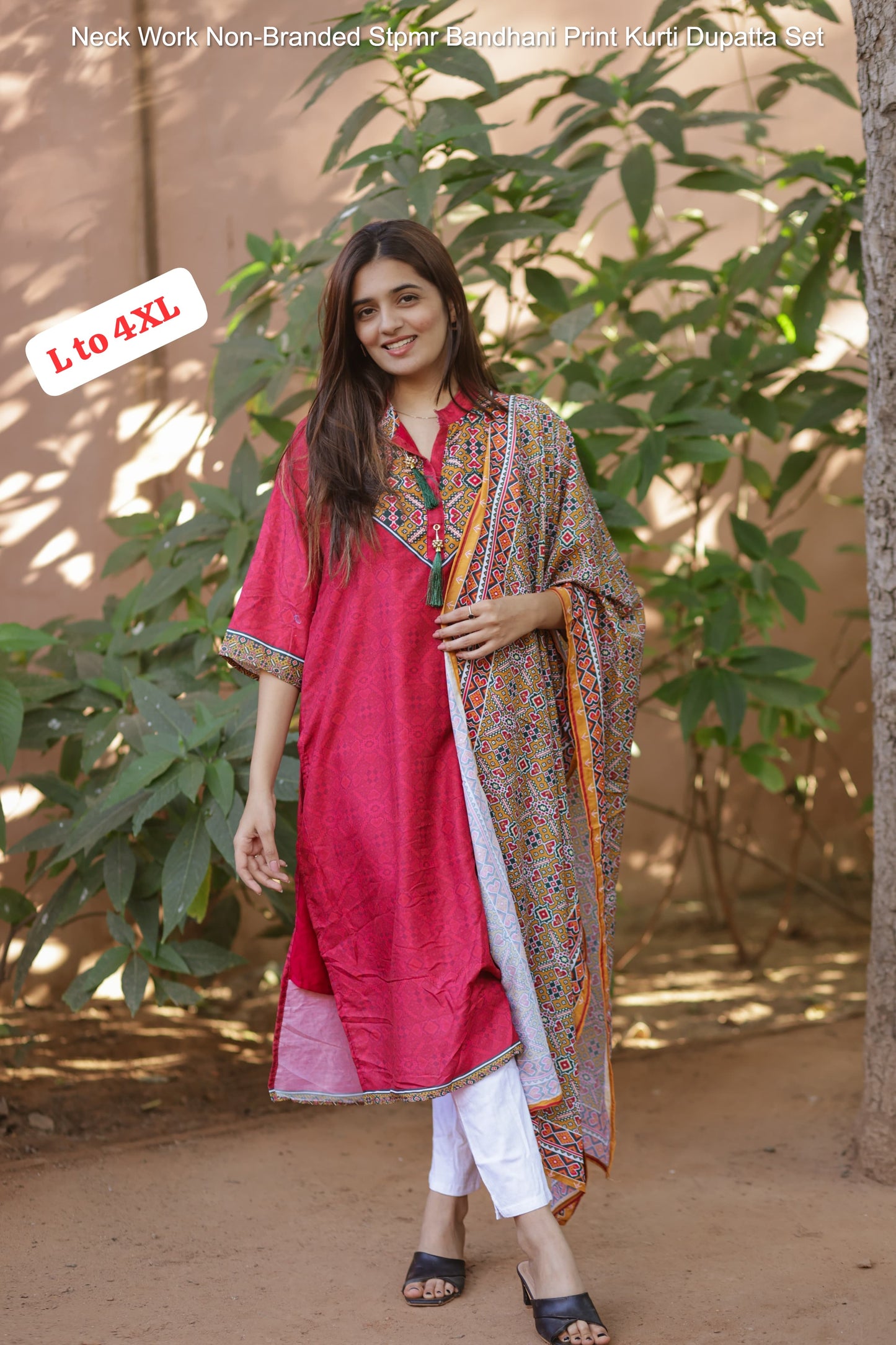 Neck Work Non-Branded Stpmr Bandhani Print Kurti Dupatta Set