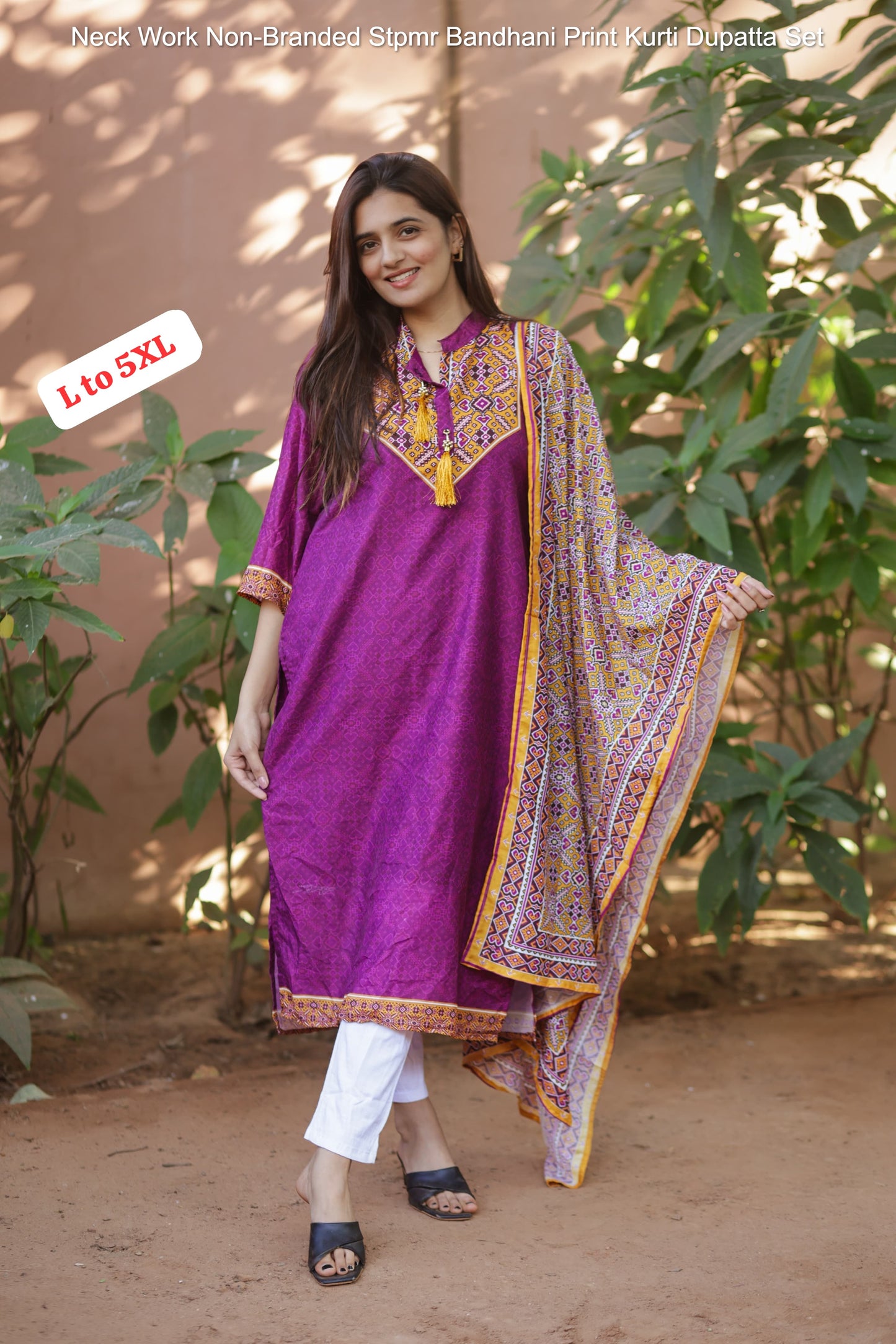 Neck Work Non-Branded Stpmr Bandhani Print Kurti Dupatta Set