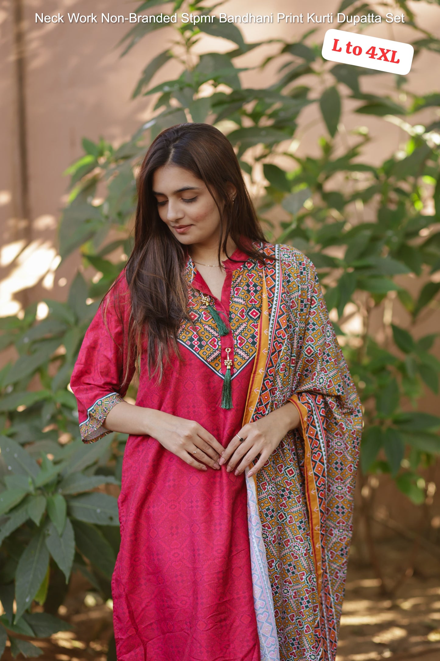 Neck Work Non-Branded Stpmr Bandhani Print Kurti Dupatta Set