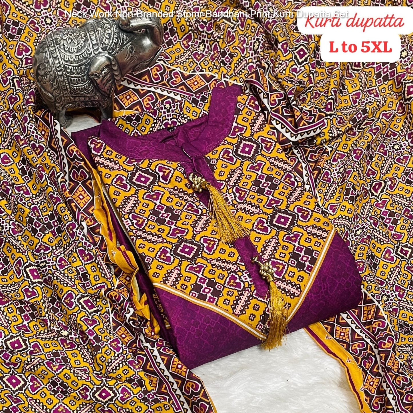 Neck Work Non-Branded Stpmr Bandhani Print Kurti Dupatta Set