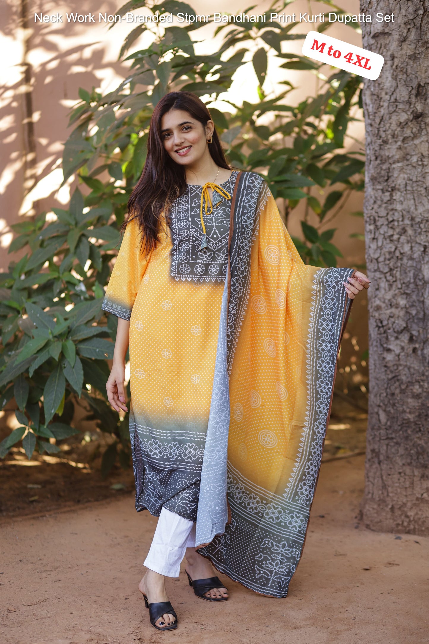 Neck Work Non-Branded Stpmr Bandhani Print Kurti Dupatta Set