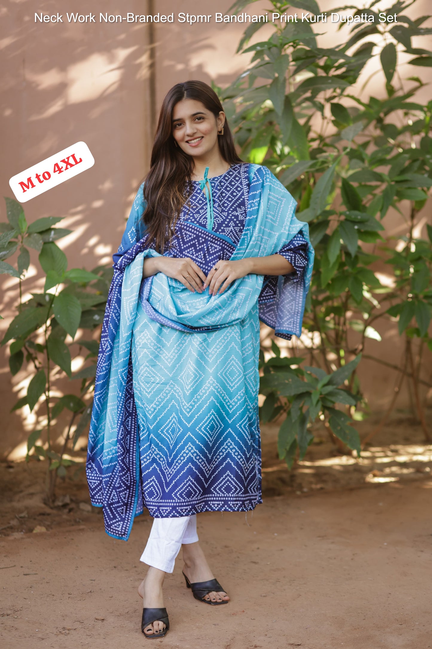 Neck Work Non-Branded Stpmr Bandhani Print Kurti Dupatta Set