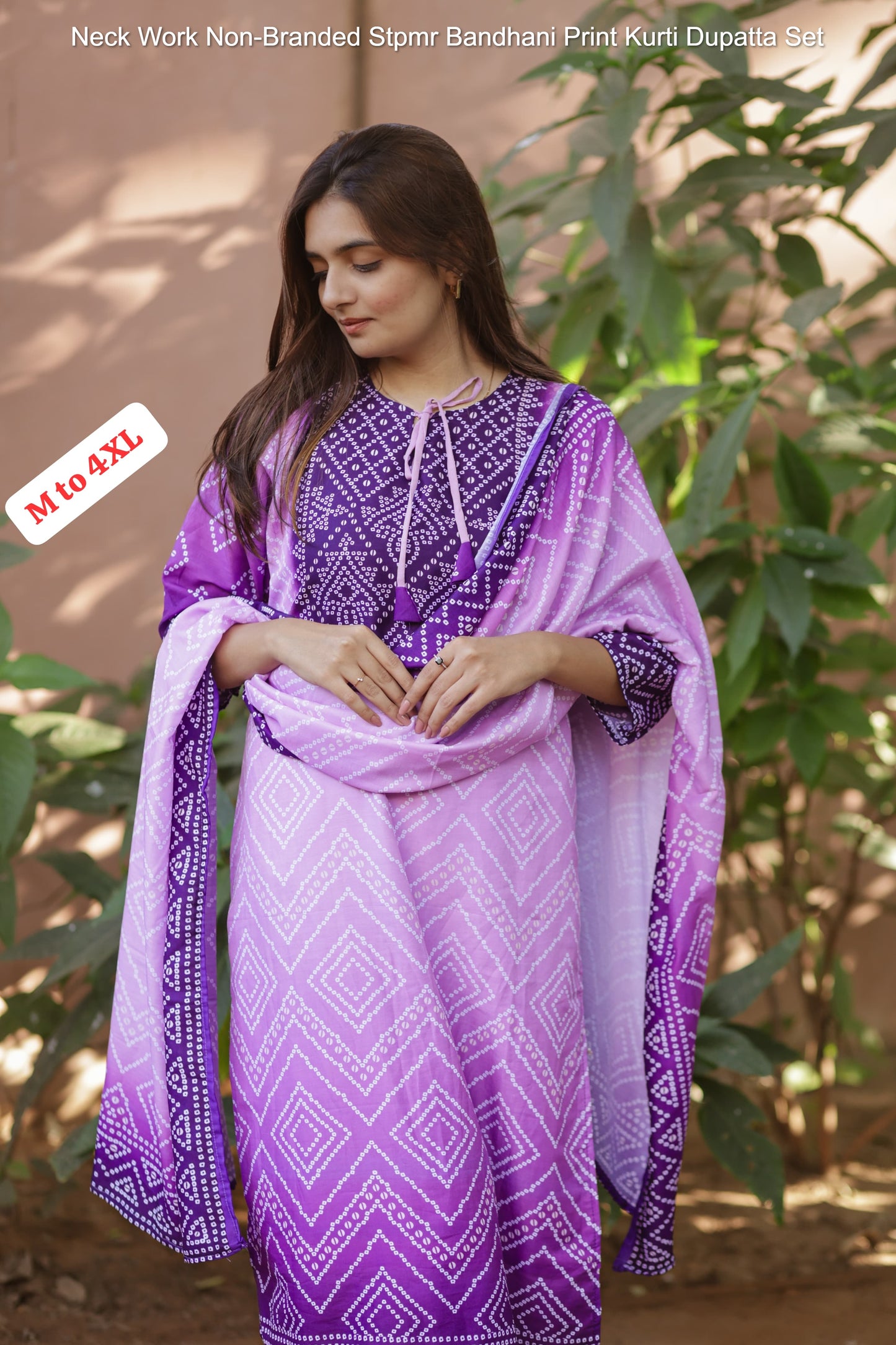 Neck Work Non-Branded Stpmr Bandhani Print Kurti Dupatta Set