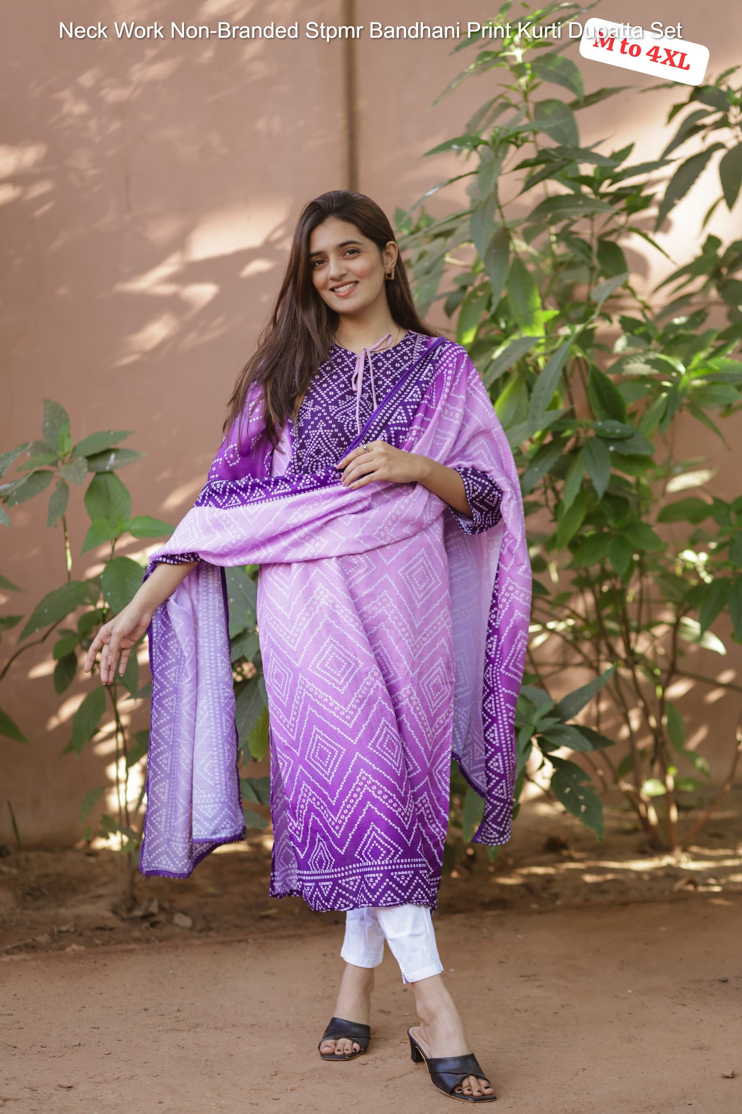 Neck Work Non-Branded Stpmr Bandhani Print Kurti Dupatta Set