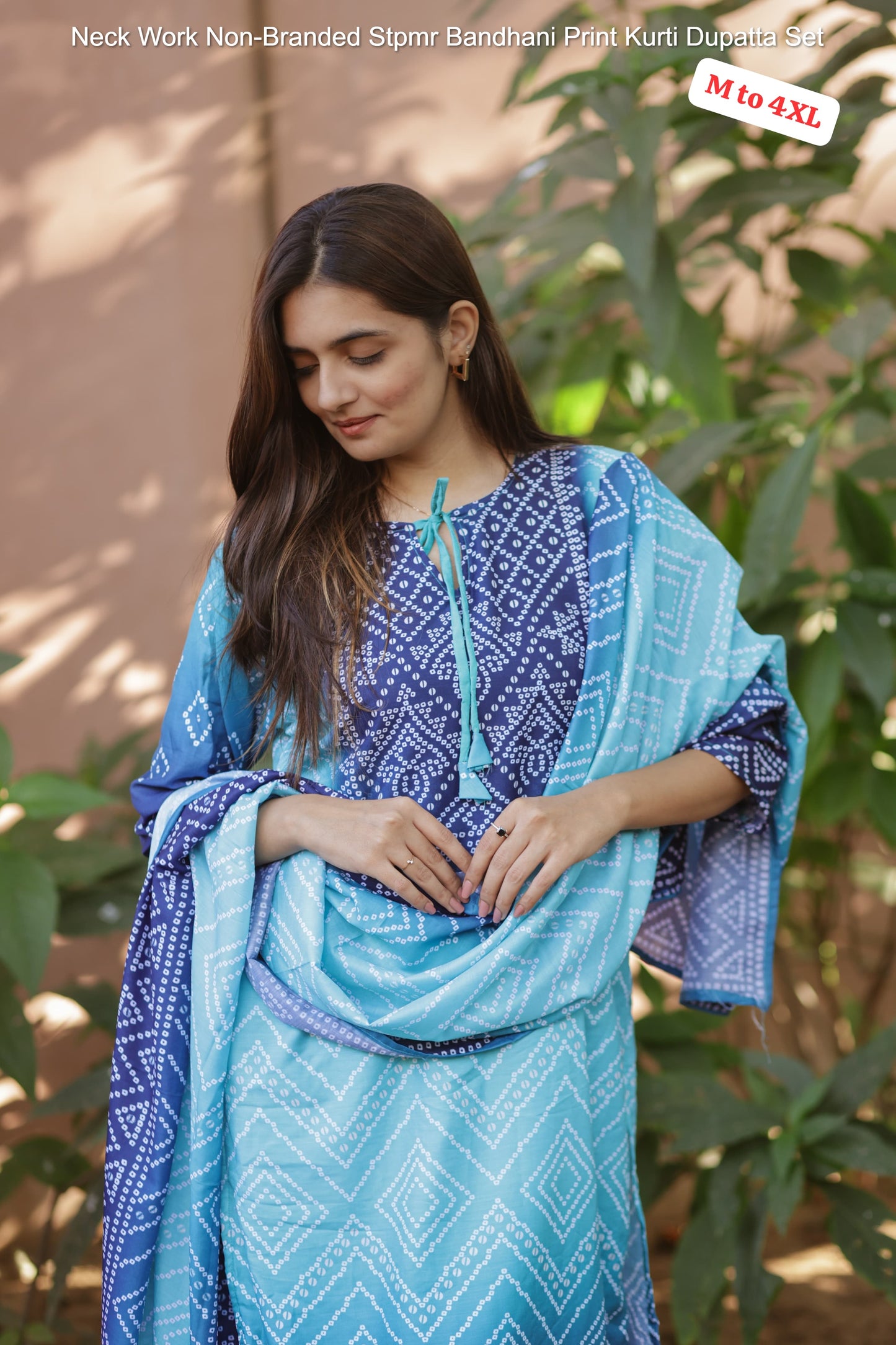 Neck Work Non-Branded Stpmr Bandhani Print Kurti Dupatta Set