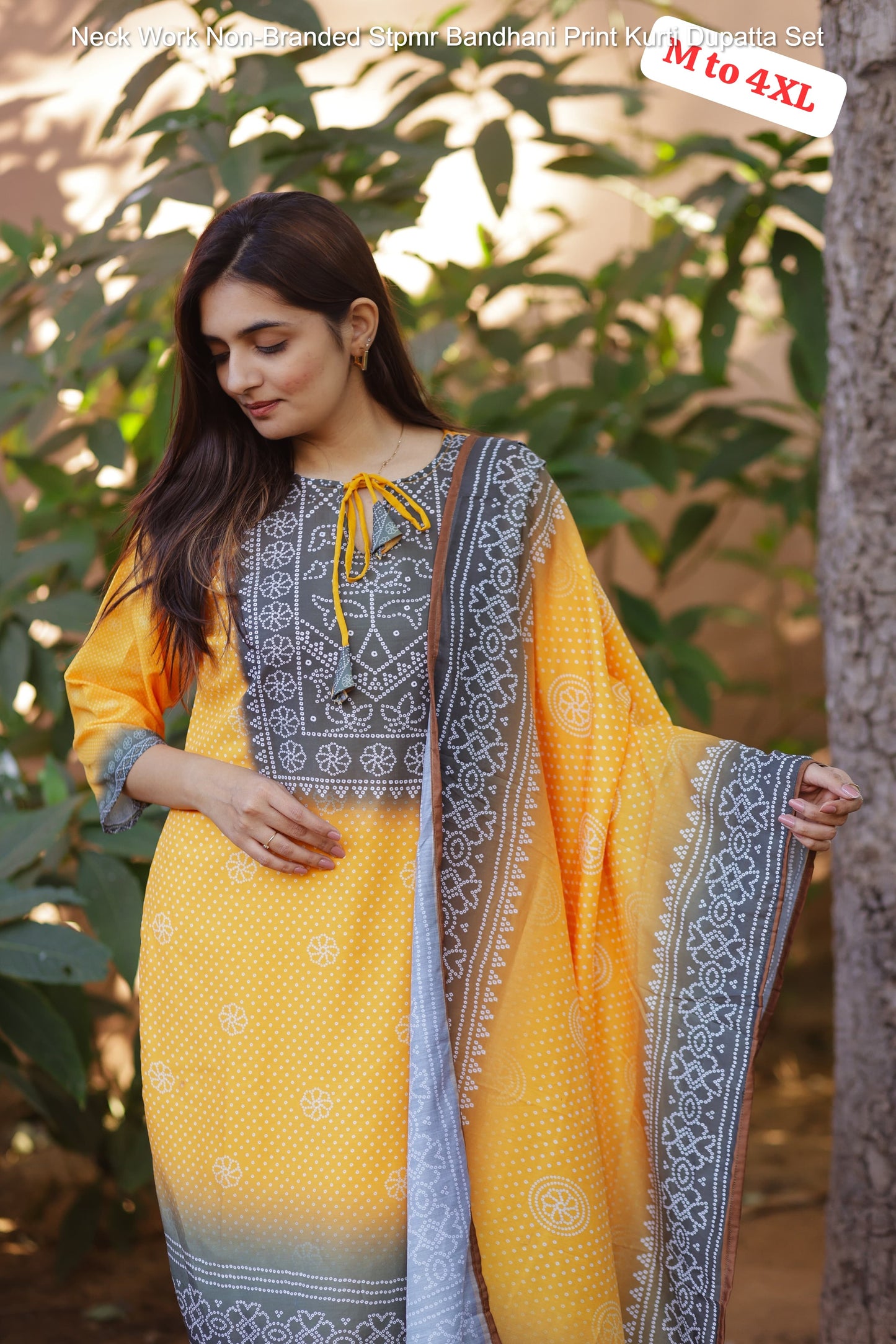 Neck Work Non-Branded Stpmr Bandhani Print Kurti Dupatta Set