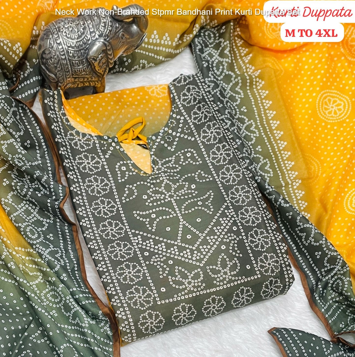 Neck Work Non-Branded Stpmr Bandhani Print Kurti Dupatta Set