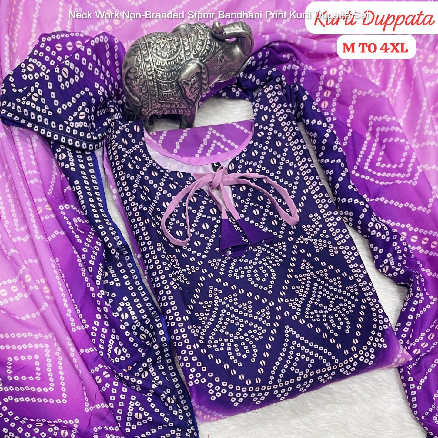 Neck Work Non-Branded Stpmr Bandhani Print Kurti Dupatta Set