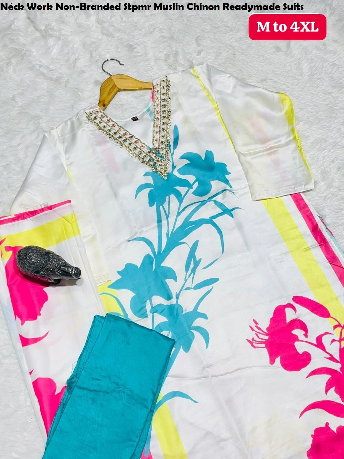 Neck Work Non-Branded Stpmr Muslin Chinon Readymade Suits