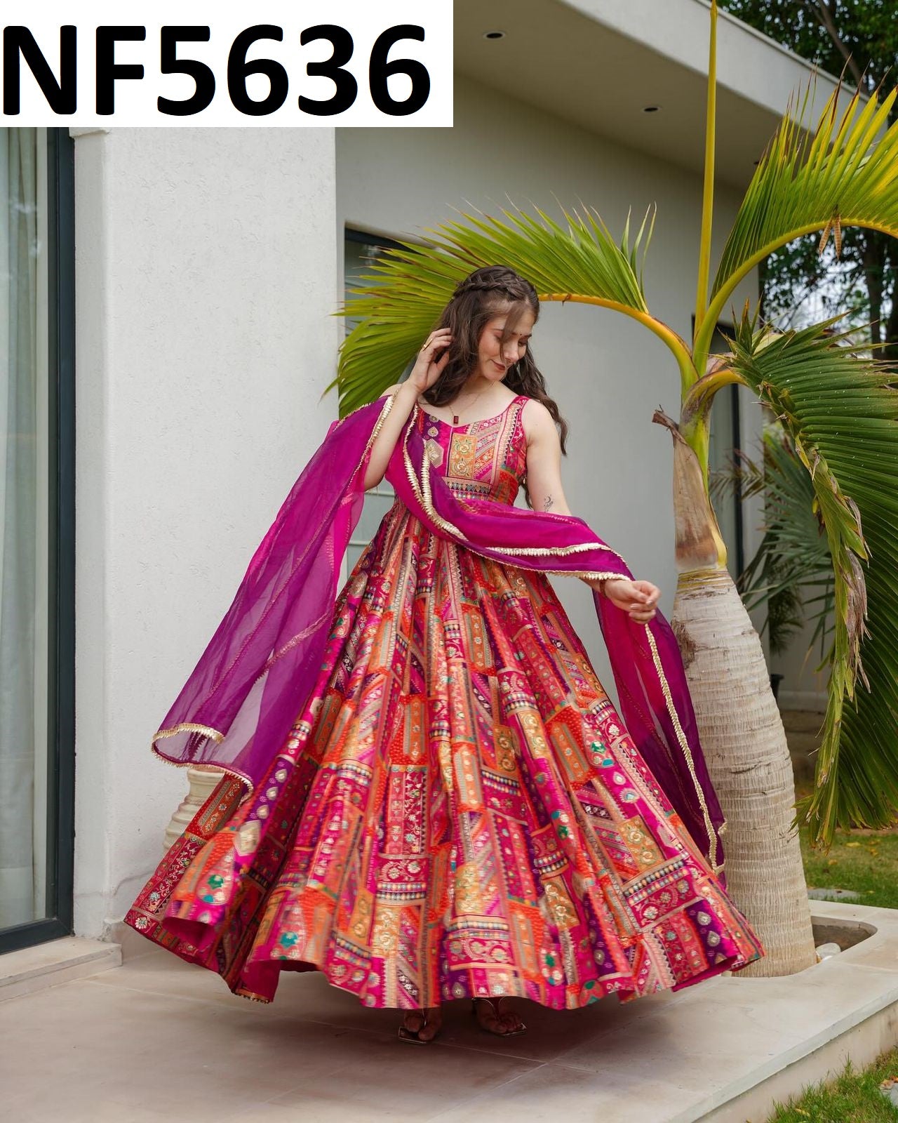 Nf5636 Vmk. Organza Gown Dupatta Set