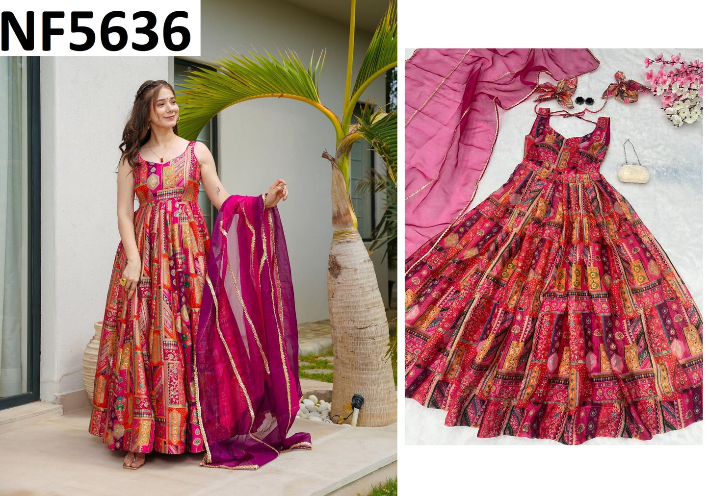 Nf5636 Vmk. Organza Gown Dupatta Set