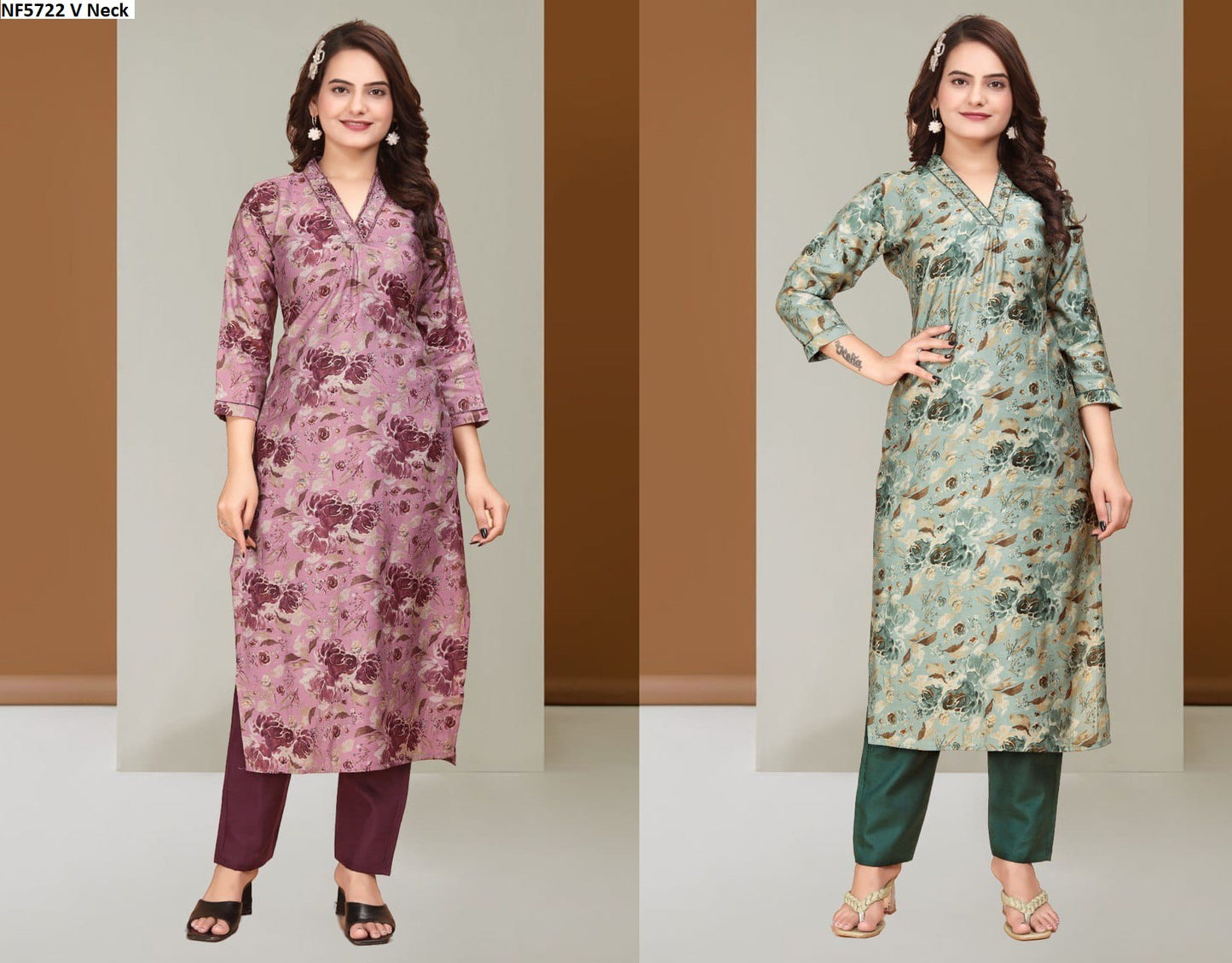 Nf5722 V Neck Vmk. Kurti Pant Set