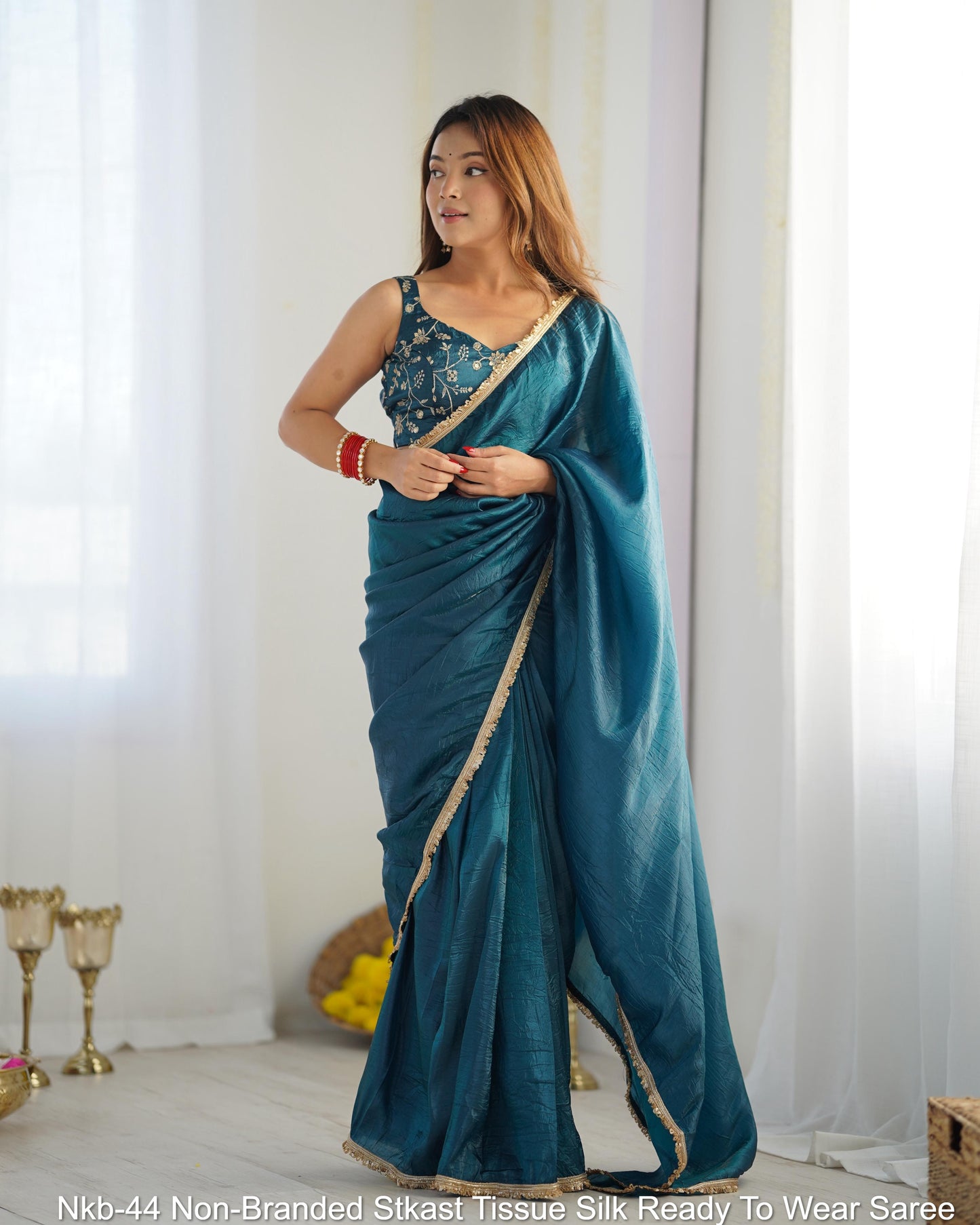 Nkb-44 Non-Branded Stkast Tissue Silk Ready To Wear Saree