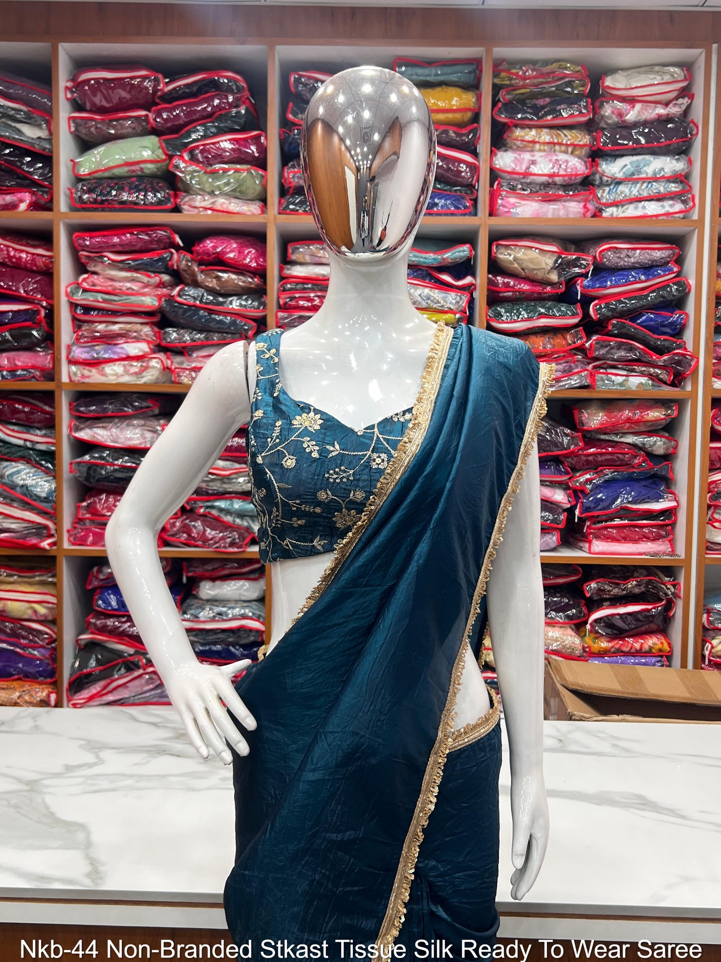 Nkb-44 Non-Branded Stkast Tissue Silk Ready To Wear Saree