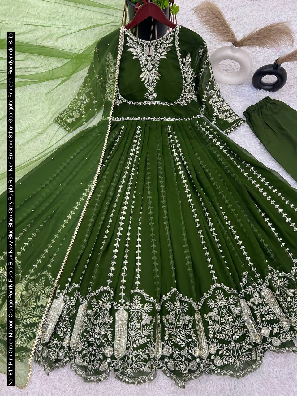 Nsr-817 Pink Green Maroon Orange Pearly Purple Blue Navy Blue Black Gray Purple Rani Non-Branded Sthari Georgette Pakistani Readymade Suits