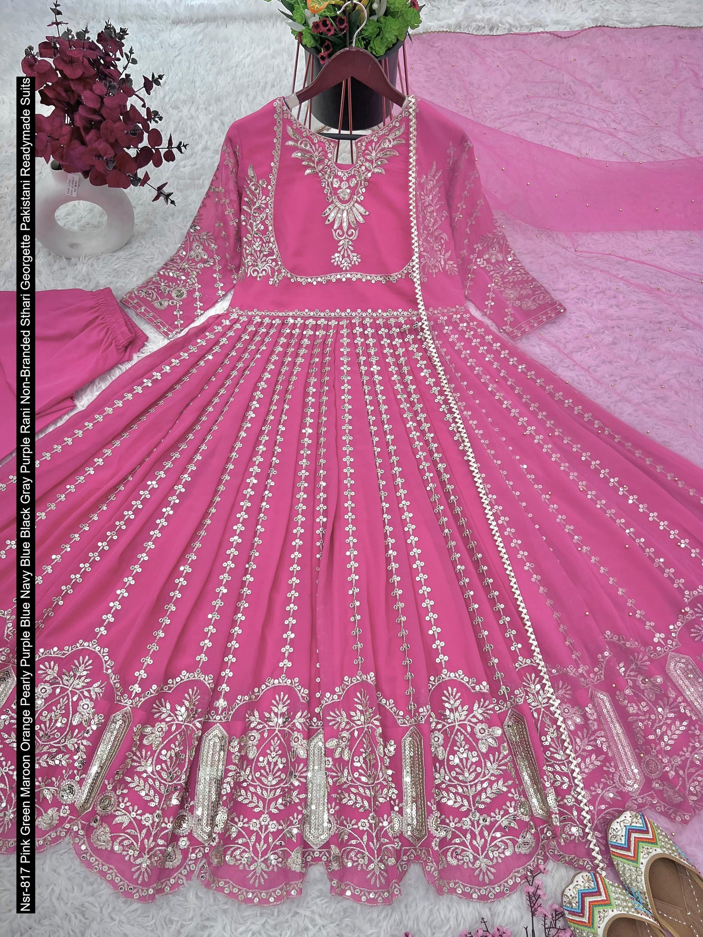 Nsr-817 Pink Green Maroon Orange Pearly Purple Blue Navy Blue Black Gray Purple Rani Non-Branded Sthari Georgette Pakistani Readymade Suits