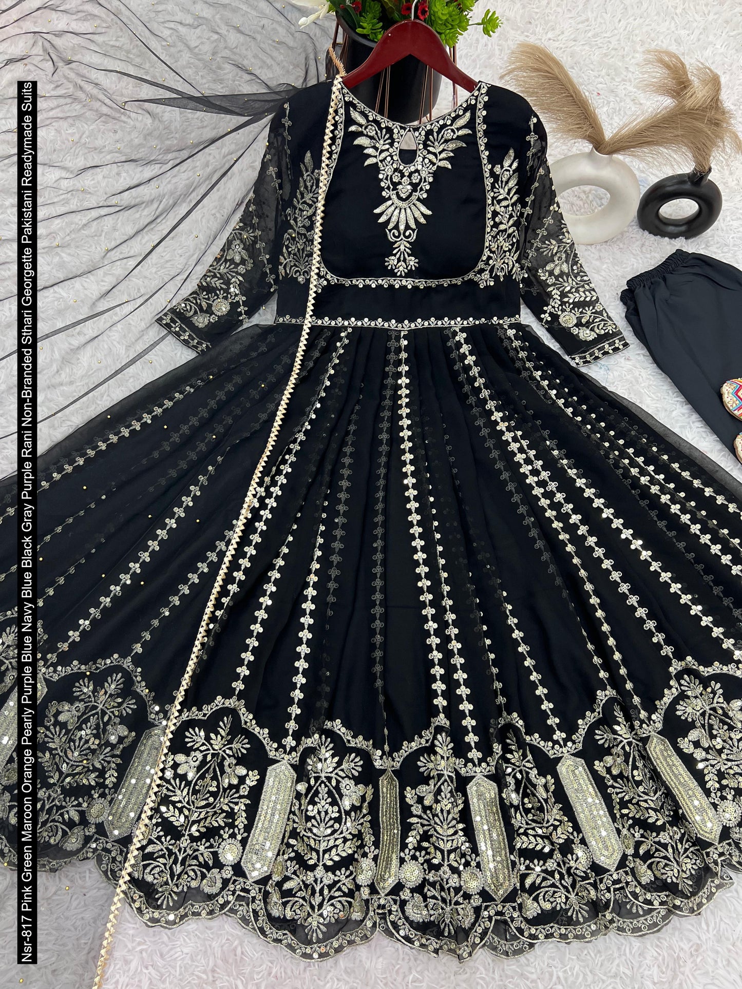 Nsr-817 Pink Green Maroon Orange Pearly Purple Blue Navy Blue Black Gray Purple Rani Non-Branded Sthari Georgette Pakistani Readymade Suits