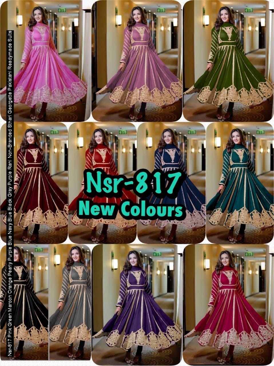 Nsr-817 Pink Green Maroon Orange Pearly Purple Blue Navy Blue Black Gray Purple Rani Non-Branded Sthari Georgette Pakistani Readymade Suits