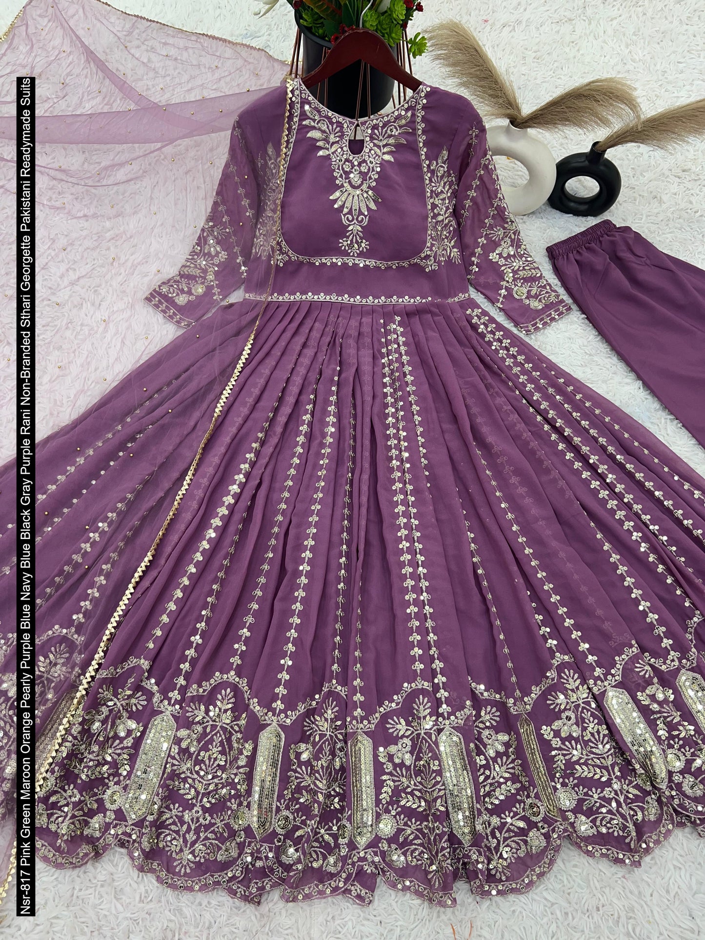 Nsr-817 Pink Green Maroon Orange Pearly Purple Blue Navy Blue Black Gray Purple Rani Non-Branded Sthari Georgette Pakistani Readymade Suits