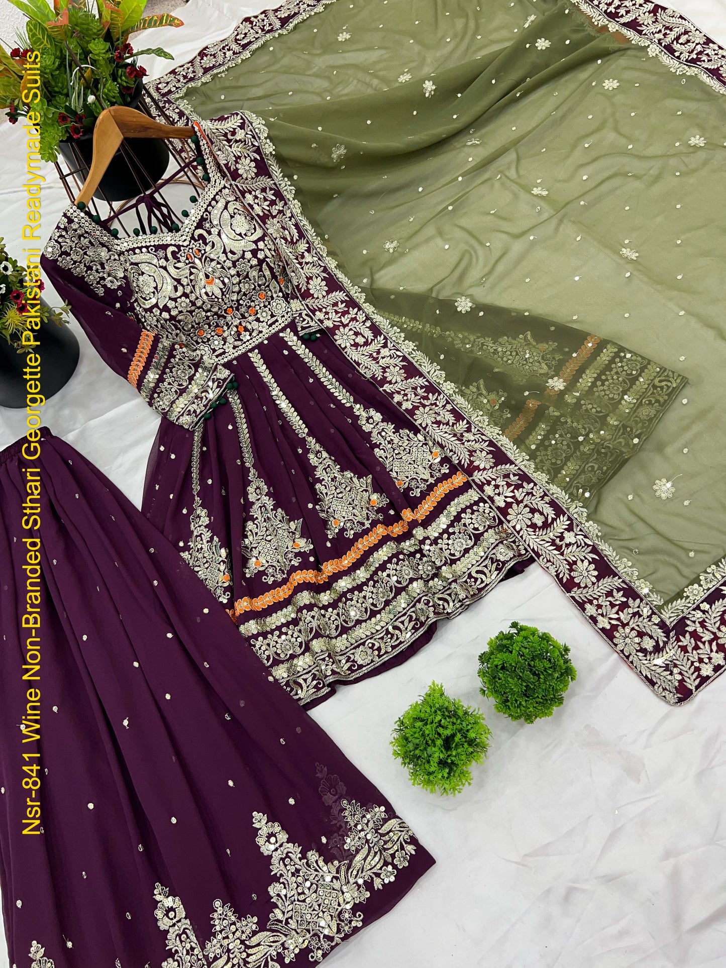 Nsr-841 Wine Non-Branded Sthari Georgette Pakistani Readymade Suits