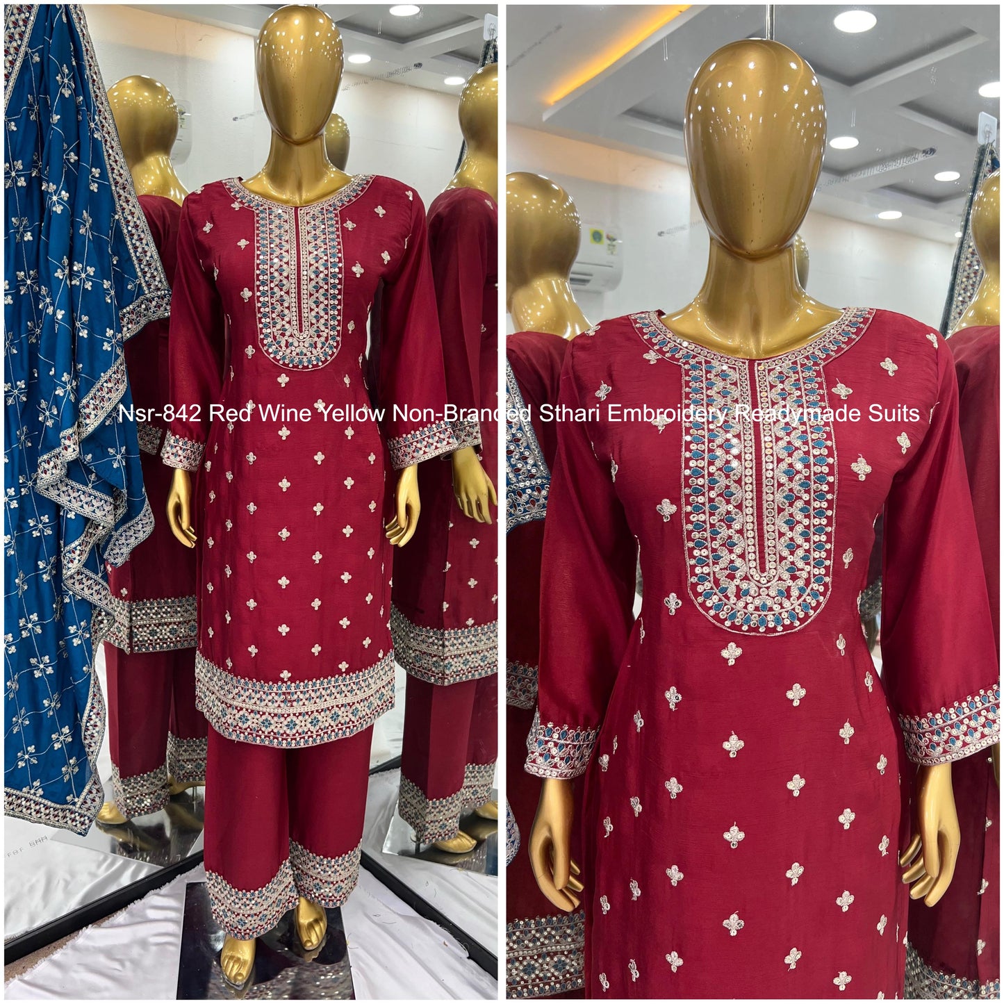Nsr-842 Red Wine Yellow Non-Branded Sthari Embroidery Readymade Suits