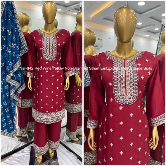 Nsr-842 Red Wine Yellow Non-Branded Sthari Embroidery Readymade Suits