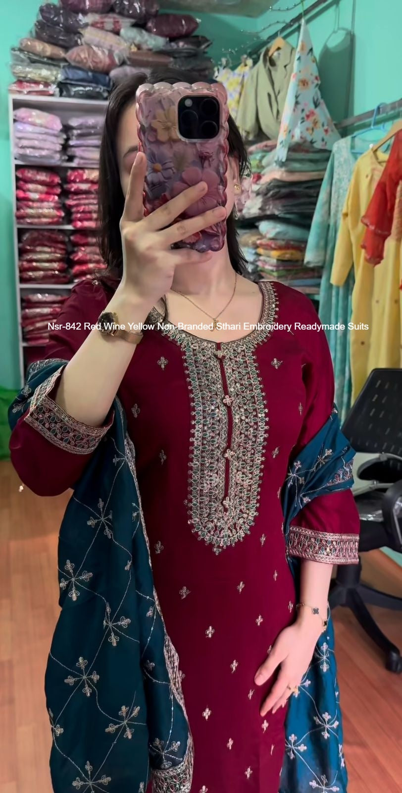 Nsr-842 Red Wine Yellow Non-Branded Sthari Embroidery Readymade Suits