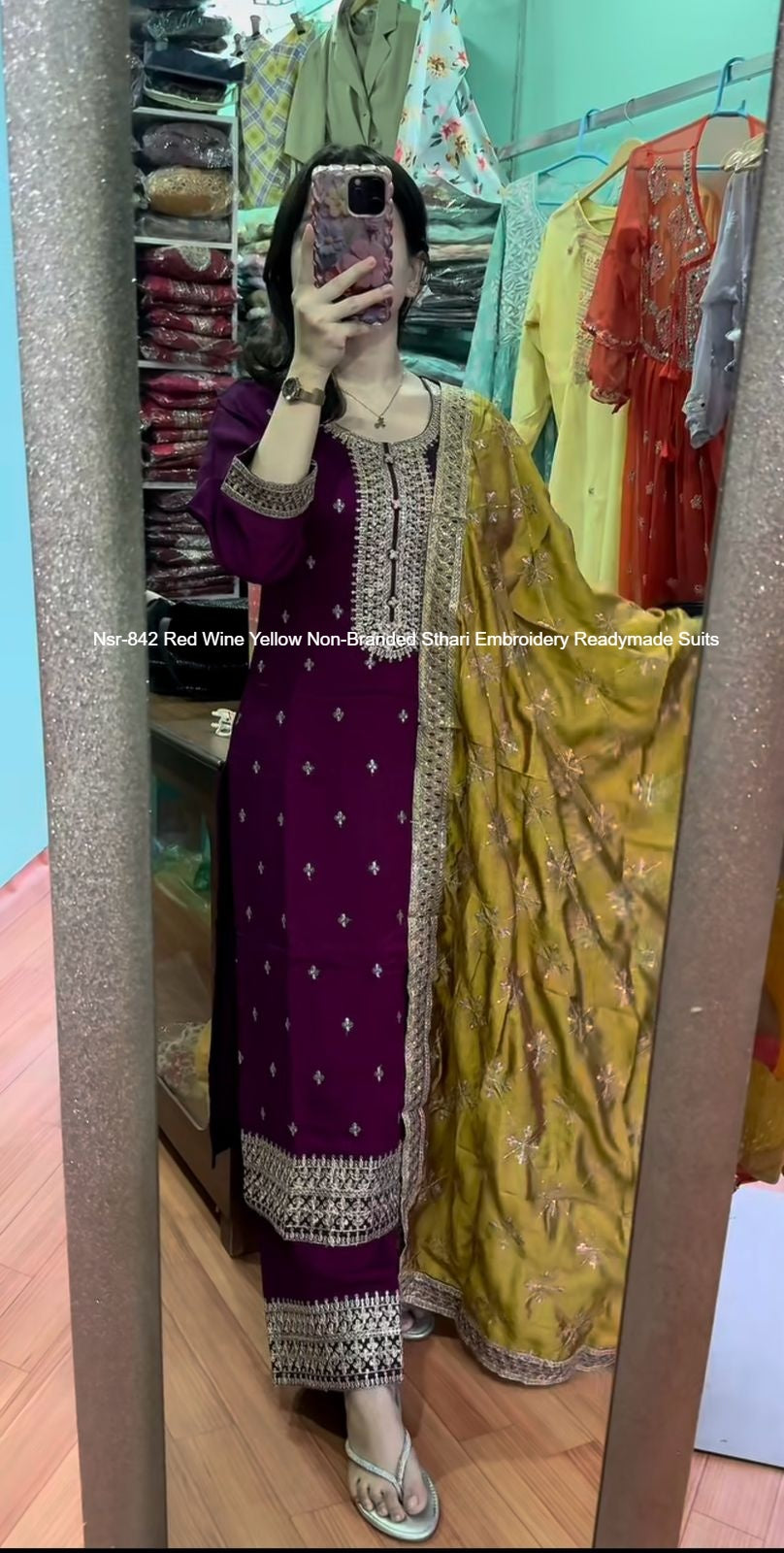 Nsr-842 Red Wine Yellow Non-Branded Sthari Embroidery Readymade Suits
