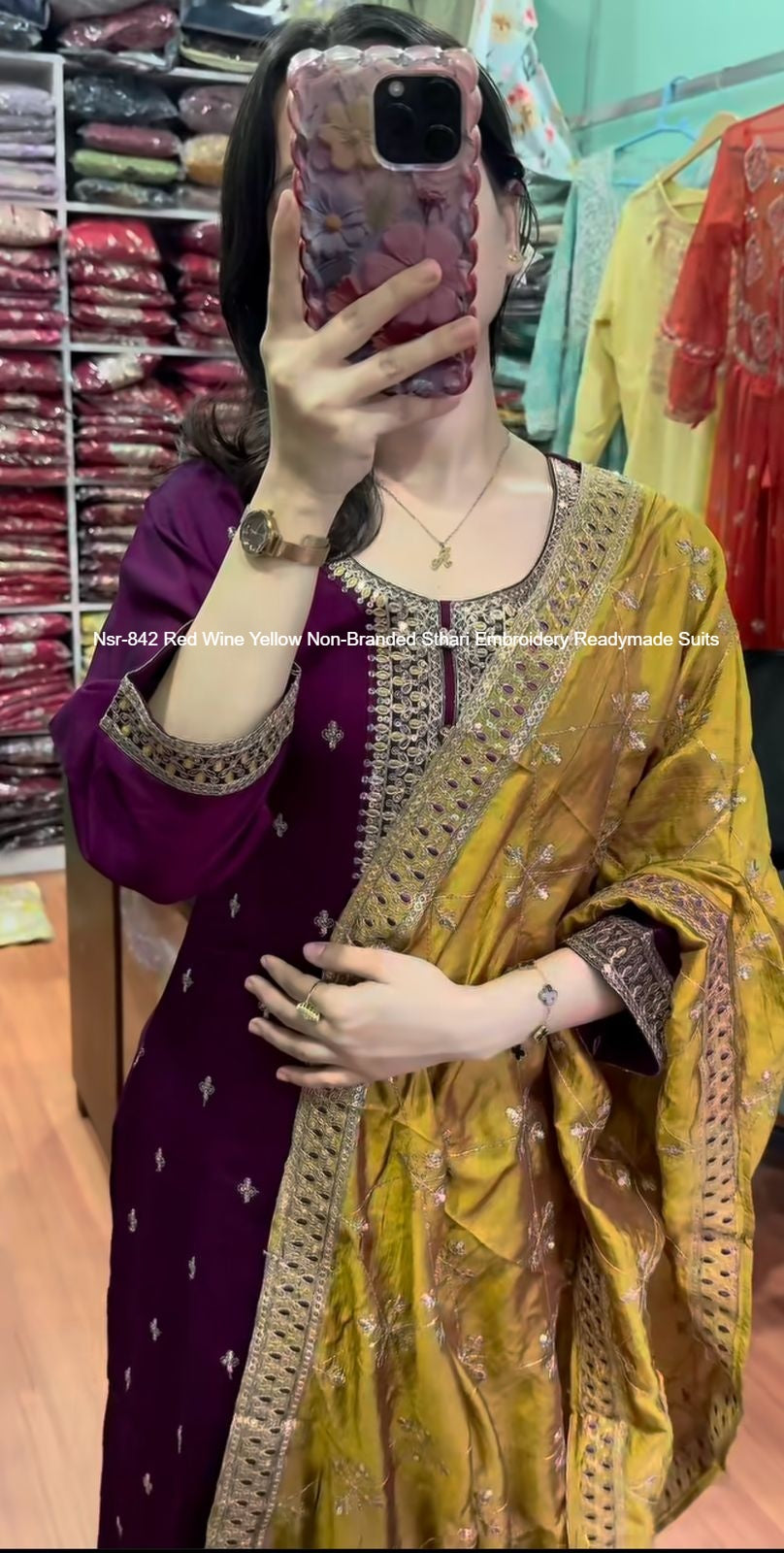 Nsr-842 Red Wine Yellow Non-Branded Sthari Embroidery Readymade Suits