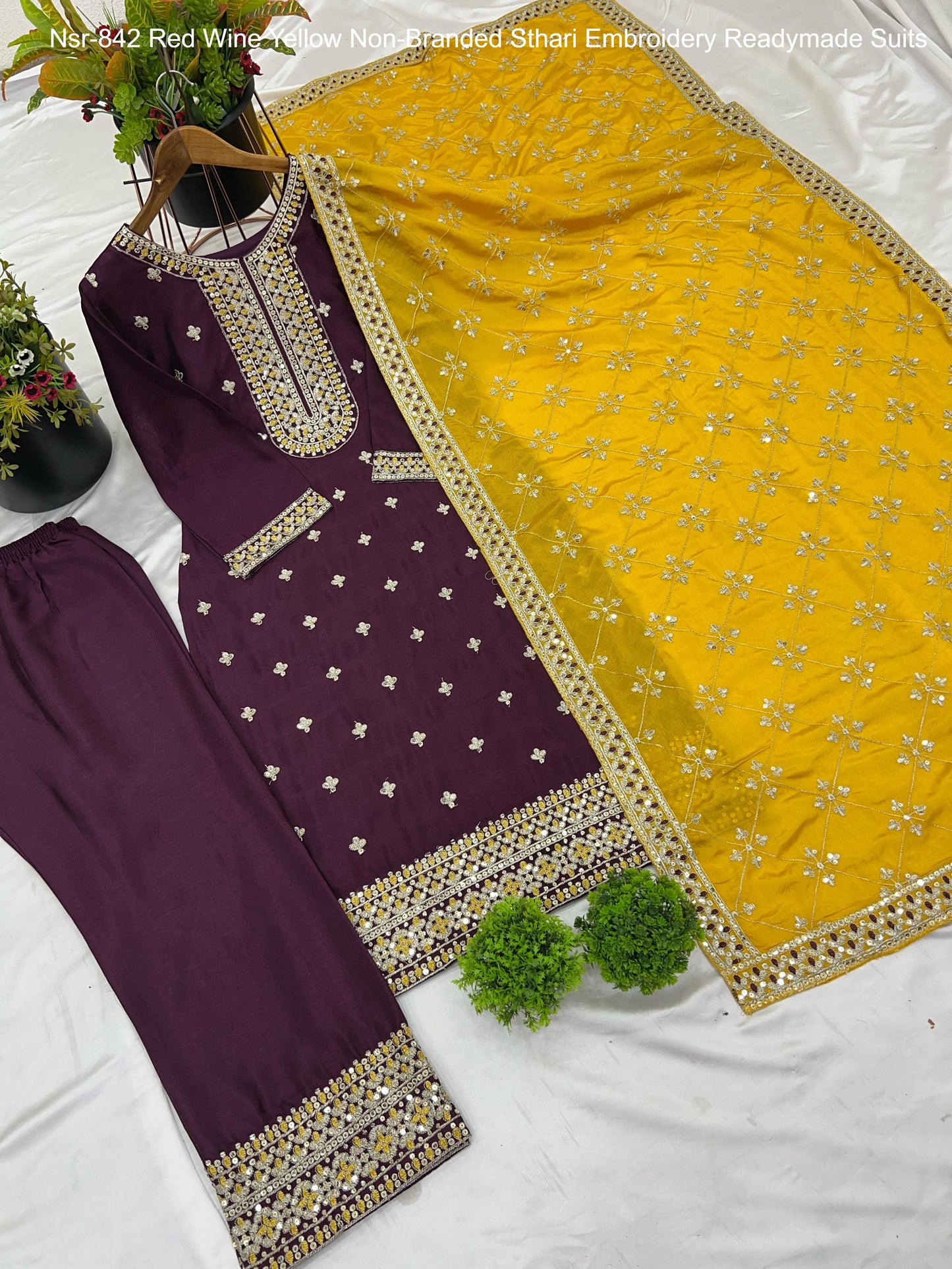 Nsr-842 Red Wine Yellow Non-Branded Sthari Embroidery Readymade Suits