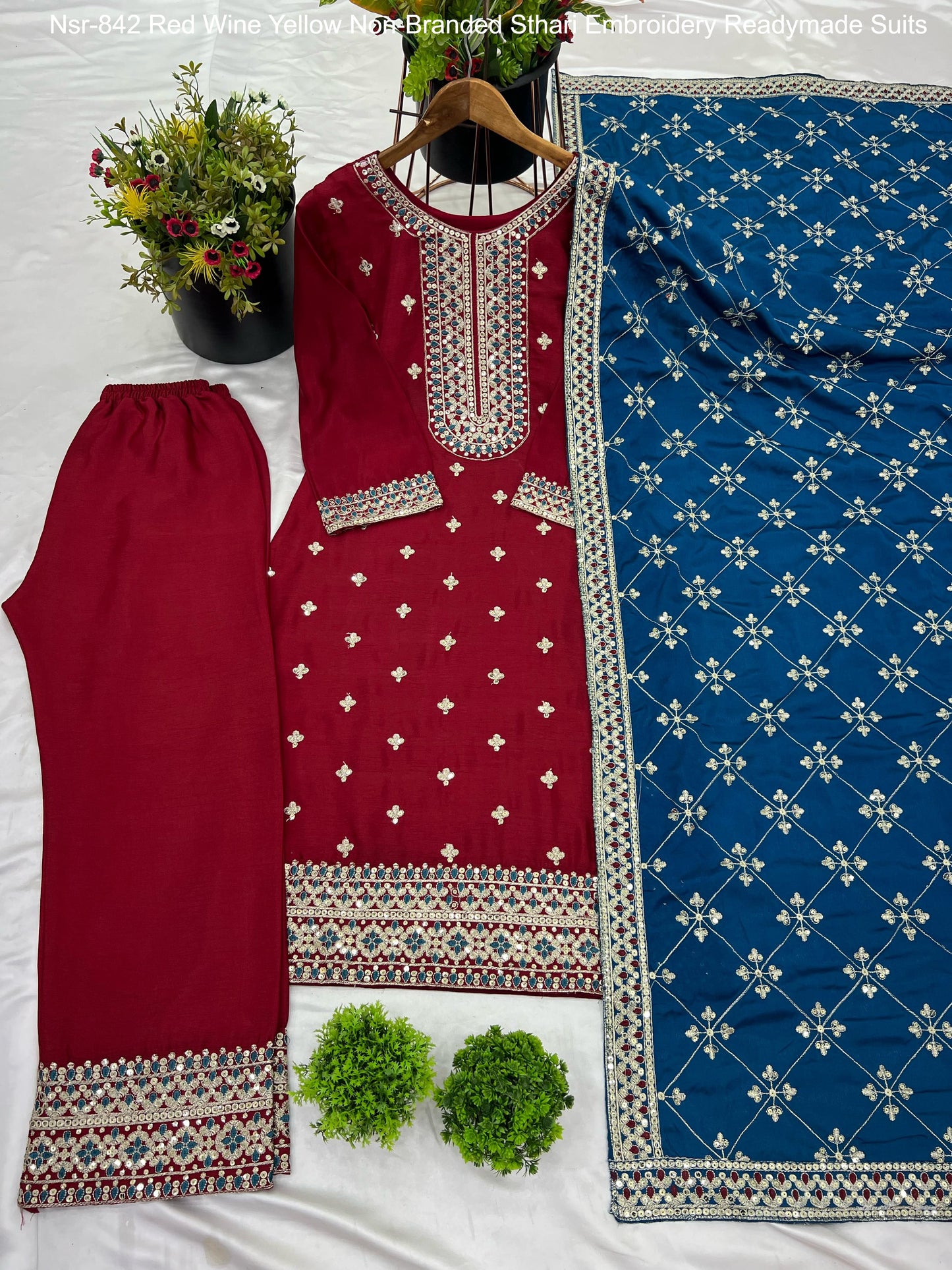 Nsr-842 Red Wine Yellow Non-Branded Sthari Embroidery Readymade Suits