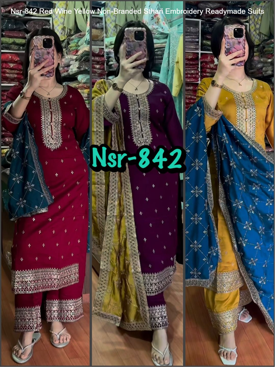 Nsr-842 Red Wine Yellow Non-Branded Sthari Embroidery Readymade Suits