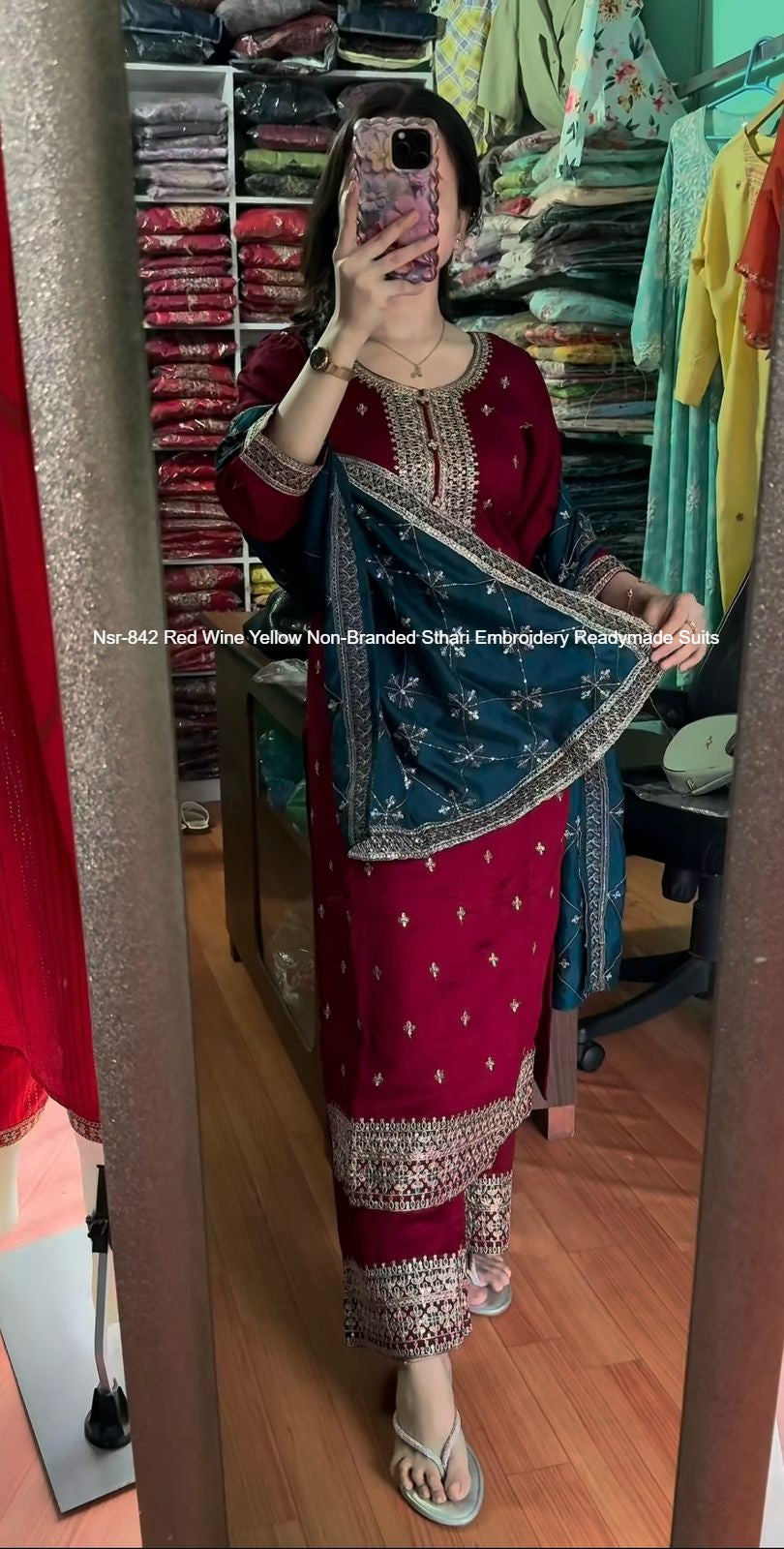 Nsr-842 Red Wine Yellow Non-Branded Sthari Embroidery Readymade Suits