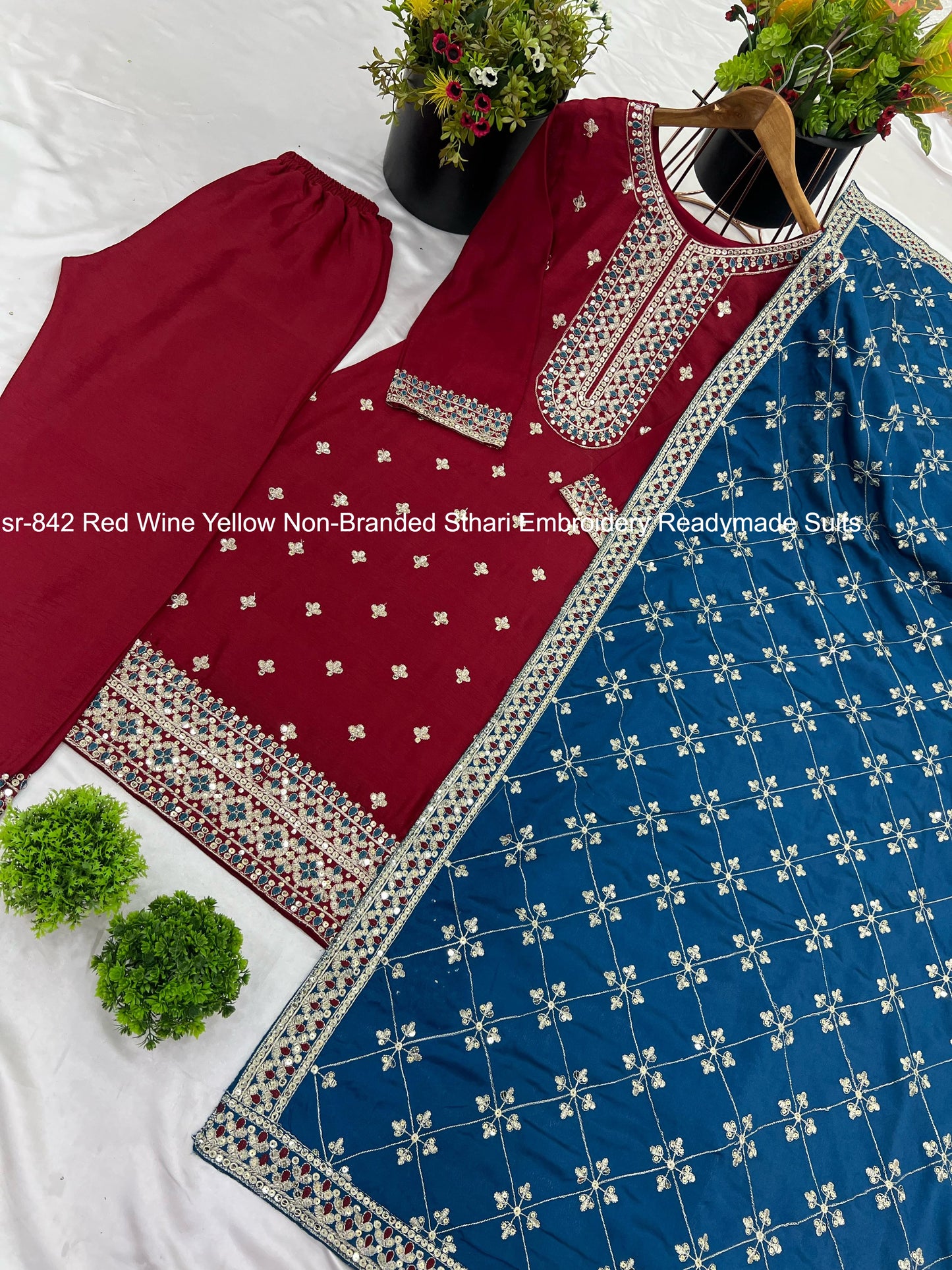Nsr-842 Red Wine Yellow Non-Branded Sthari Embroidery Readymade Suits