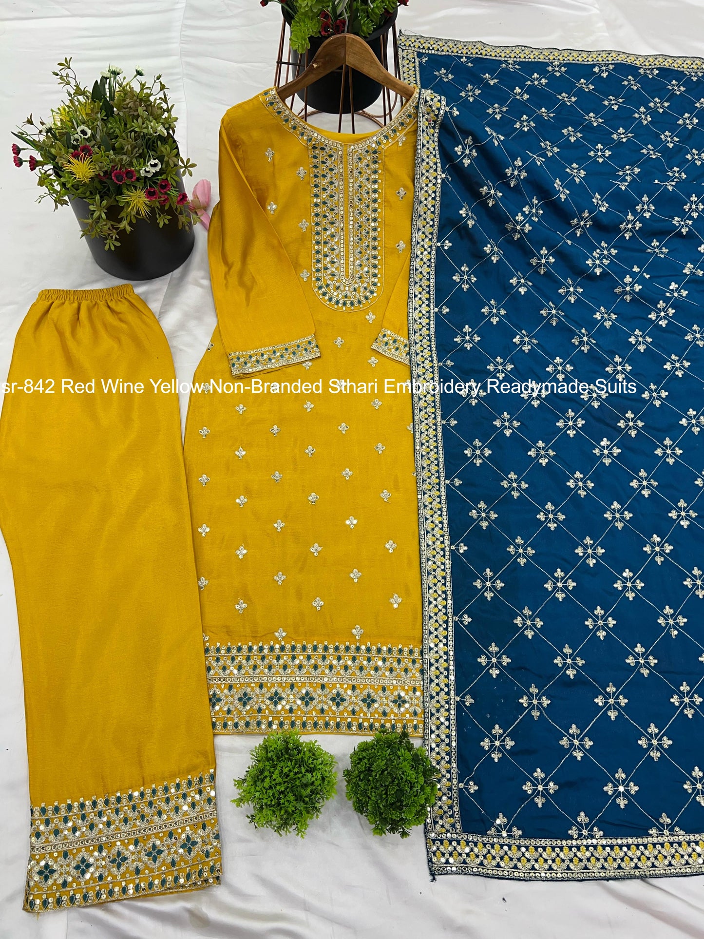 Nsr-842 Red Wine Yellow Non-Branded Sthari Embroidery Readymade Suits