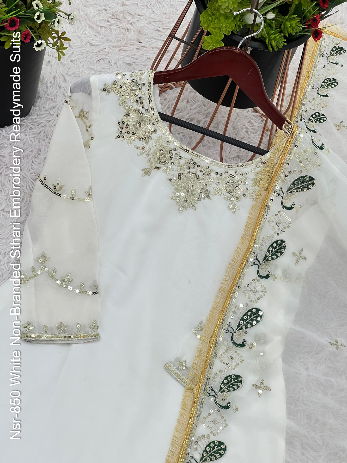 Nsr-850 White Non-Branded Sthari Embroidery Readymade Suits