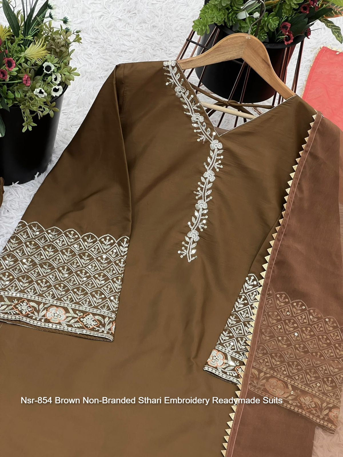 Nsr-854 Brown Non-Branded Sthari Embroidery Readymade Suits