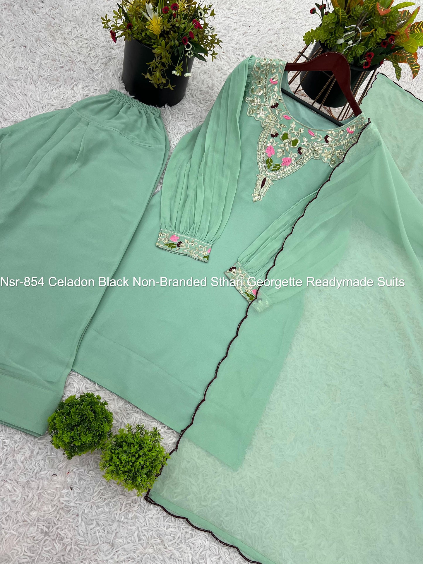 Nsr-854 Celadon Black Non-Branded Sthari Georgette Readymade Suits