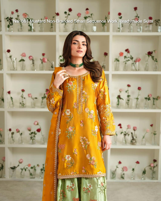 Nsr-861 Mustard Non-Branded Sthari Sequence Work Readymade Suits