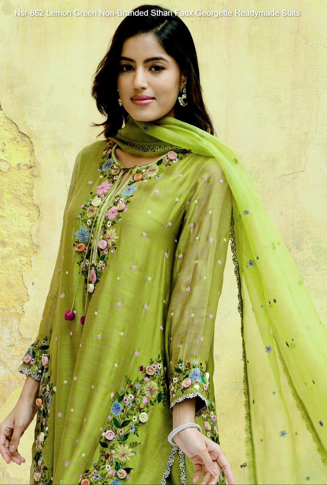 Nsr-862 Lemon Green Non-Branded Sthari Faux Georgette Readymade Suits