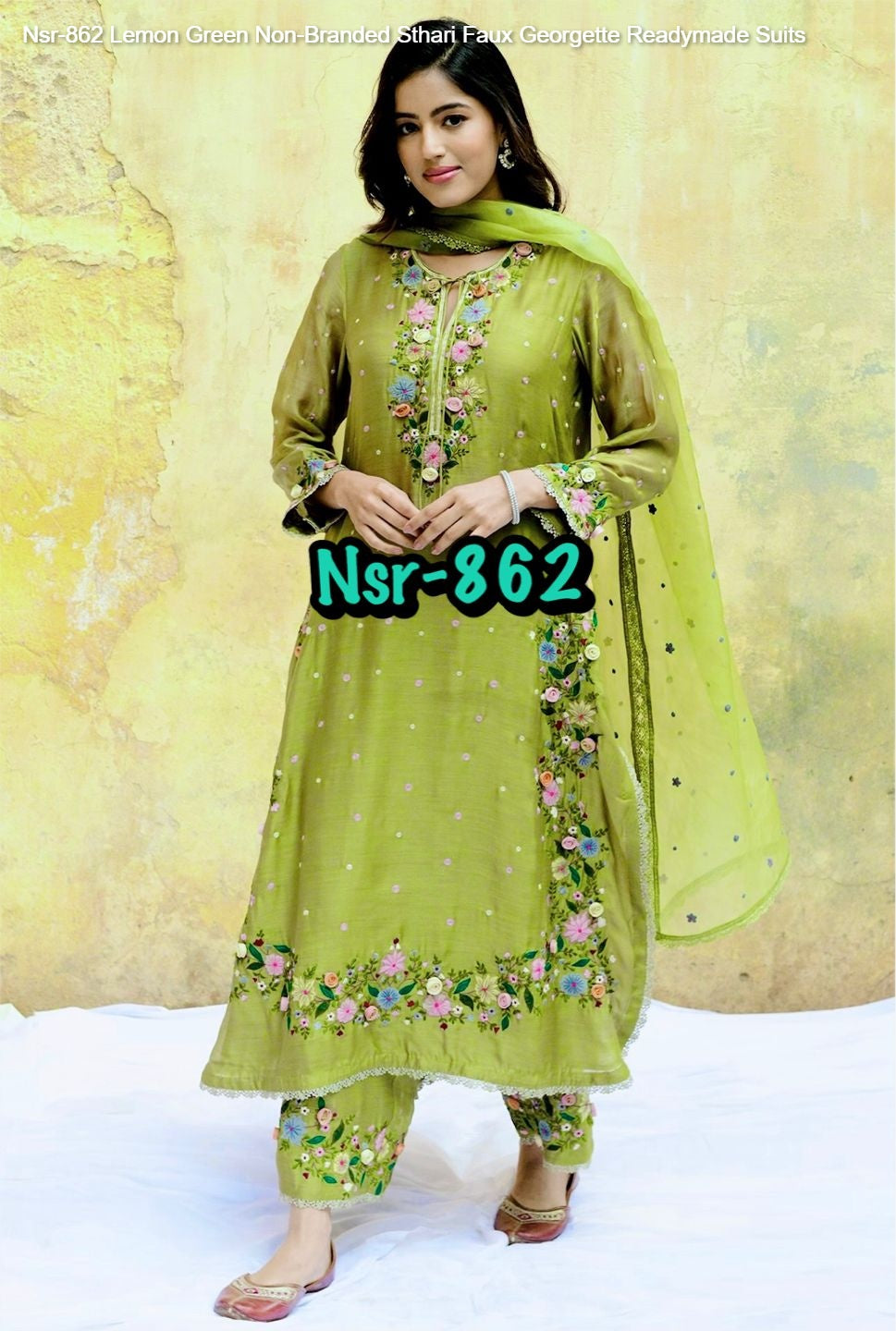 Nsr-862 Lemon Green Non-Branded Sthari Faux Georgette Readymade Suits
